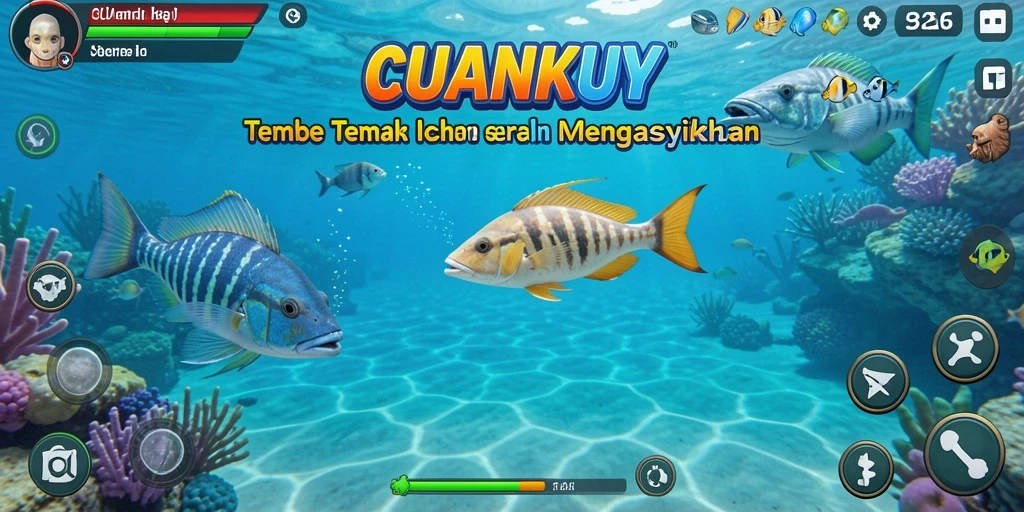 Tampilan gameplay CUANKUY yang menyenangkan dengan ikan yang berwarna-warni.